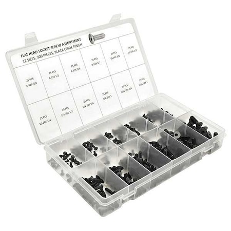 #6-32 to 5/16"-18 Cap Screw Assortment, Flat, Black Oxide Finish, Alloy Steel