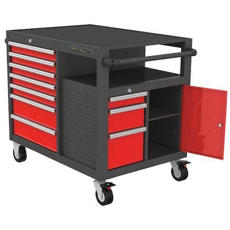 WESTWARD Rolling Tool Cabinet, 10-Drawers, Matte Gray & Red, 51" W x 29" D x 40" H