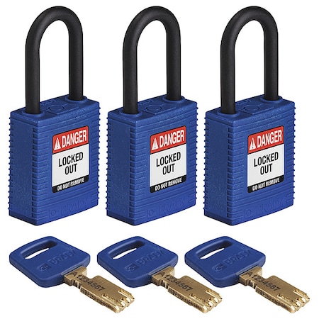 Lockout Padlock, Keyed Alike, Nylon, Blue, 1 1/2 in Shackle Height, 1 1/2 in Body Width, 3 PK