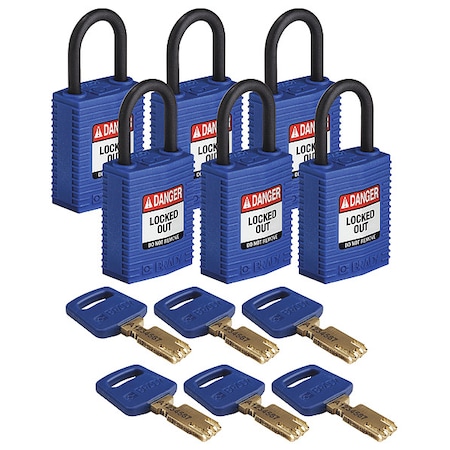 Lockout Padlock, Keyed Different, Nylon, Blue, 1 in Shackle Height, 1 1/4 in Body Width, 6 PK