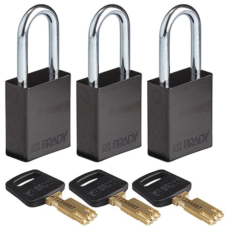 Lockout Padlock, Keyed Alike, Aluminum, Black, 1 1/2 in Shackle Height, 1 1/2 in Body Width, 3 PK
