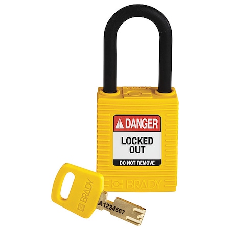 Lockout Padlock, Keyed Different, Nylon, Yellow, 1 1/2 in Shackle Height, 1 1/2 in Body Width
