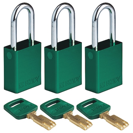 Lockout Padlock, Keyed Alike, Aluminum, Green, 1 1/2 in Shackle Height, 1 1/2 in Body Width, 3 PK