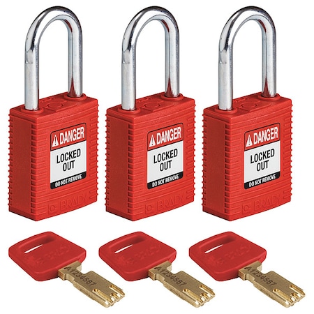 Lockout Padlock, Keyed Alike, Nylon, Red, 1 1/2 in Shackle Height, 1 1/2 in Body Width, 3 PK