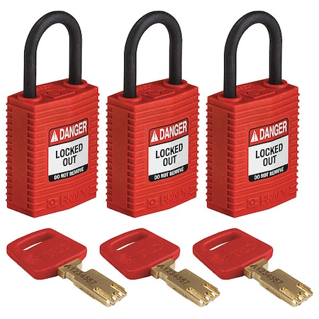 Lockout Padlock, Keyed Alike, Nylon, Red, 1 in Shackle Height, 1 1/4 in Body Width, 3 No. of Keys