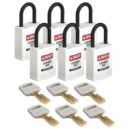 Lockout Padlock, Keyed Alike, Nylon, White, 1 in Shackle Height, 1 1/4 in Body Width, 6 No. of Keys
