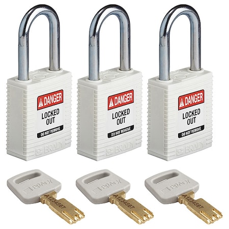Lockout Padlock, Keyed Alike, Nylon, White, 1 1/2 in Shackle Height, 1 1/2 in Body Width, 3 PK
