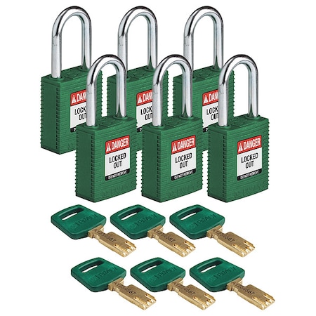 Lockout Padlock, Keyed Alike, Nylon, Green, 1 1/2 in Shackle Height, 1 1/2 in Body Width, 6 PK