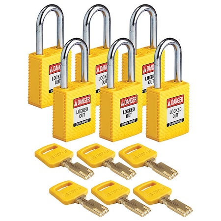Lockout Padlock, Keyed Different, Nylon, Yellow, 1 1/2 in Shackle Height, 1 1/2 in Body Width, 6 PK