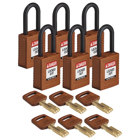 Lockout Padlock, Keyed Alike, Nylon, Brown, 1 1/2 in Shackle Height, 1 1/2 in Body Width, 6 PK