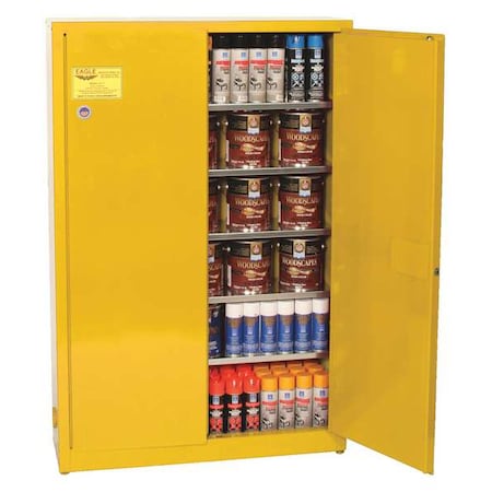 Hazardous Material Storage Cabinet, 30 gal, 5 Shelves, Steel, 43 in W x 65 in H x 12 in D, Yellow