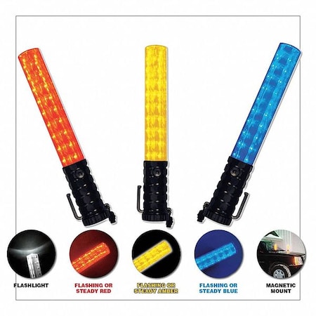 LED Safety Baton, Black+Amber, Variable FPM, Magnetic Base