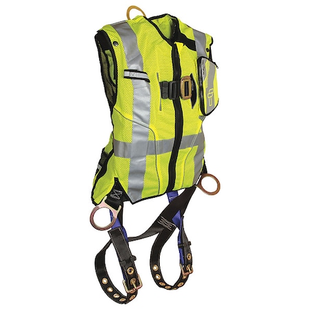 Hi-Vis Vest Full Body Harness, S/M, 425 lb., Mating Chest/ Tongue Leg Straps, Back, Hips D-Ring
