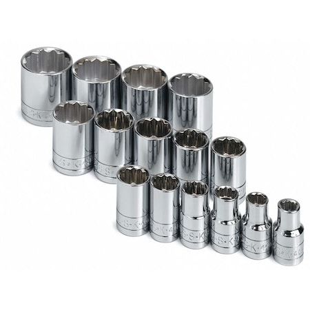 1/2" Drive Socket Set SAE 15 Pieces 3/8 in to 1 1/4 in , Chrome