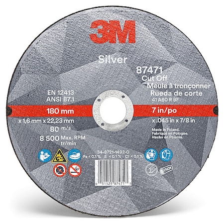Abrasive Cut-Off Wheel, Type 1, 7 in Dia, 0.045 in Thick, 7/8 in Arbor Hole Size, Ceramic, 60 Grit