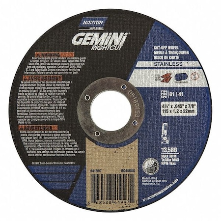 Abrasive Cut-Off Wheel, Type 1, 4 1/2 in Dia, 0.045 in Thick, 7/8 in Arbor Hole Size, 36 Grit