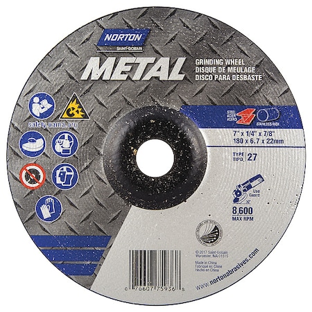 Depressed Center Grinding Wheel, Type 27, 7 in Dia, 0.25 in Thick, 7/8 in Arbor Hole Size, 24 Grit