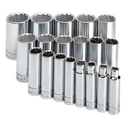 1/2" Drive Socket Set SAE 19 Pieces 3/8 in to 1 1/2 in , Chrome, Skt St, Chrm, 3/8-1 1/4 in, 12Pt