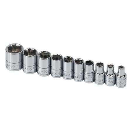 1/4" Drive Socket Set, SAE, 3/16 in to 9/16 in, Chrome, 6-Point, 10-Pieces