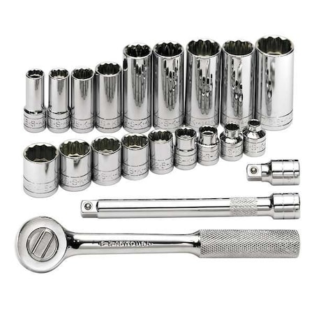 3/8" Drive Ratchet/Socket Set, SAE, 21pcs, Skt Wrch St, Chrm, 12Pt, 1/4 - 7/8 in