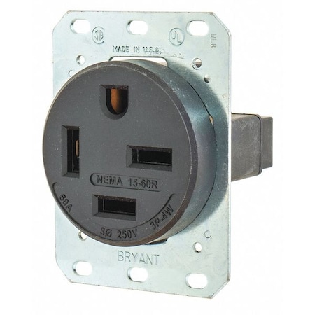 Straight Blade Receptacle, 15-60R, 60 A, 250V AC, 3 Pole, 4 Wire, Flush Mount, Grounded