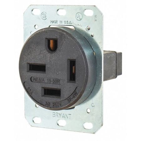 Straight Blade Receptacle, 15-50R, 50 A, 250V AC, 3 Pole, 4 Wire, Flush Mount, Grounded