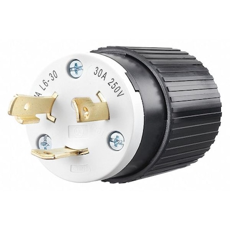 Locking Plug, L6-30P, 30 A, 250V AC, Single Phase, 2 Pole, Screw Terminals, Black, White