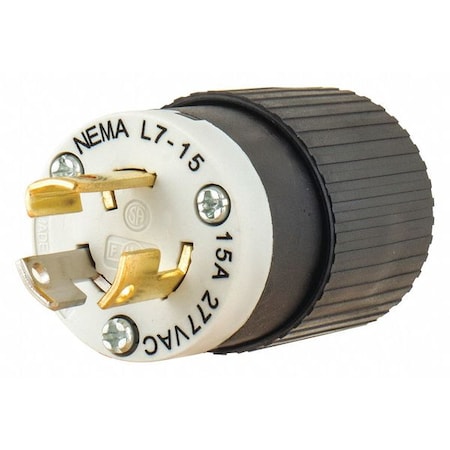 Locking Plug, L7-15P, 15 A, 277V AC, Single Phase, 2 Pole, Screw Terminals, Black, White