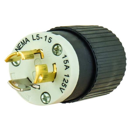 Locking Plug, L5-15P, 15 A, 125V AC, Single Phase, 2 Pole, Screw Terminals, Black, White
