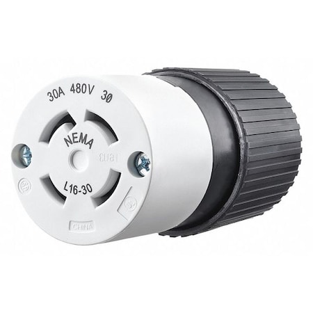 Locking Connector, L16-30R, 30 A, 480V AC, Three Phase, 3 Pole, Screw Terminals, Black, White