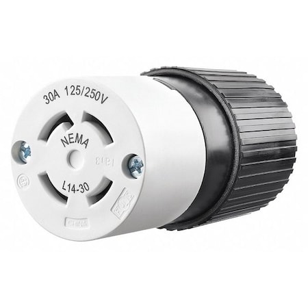 Locking Connector, L14-30R, 30 A, 125/250V AC, Three Phase, 3 Pole, Screw Terminals, Black, White