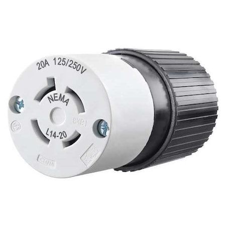 Locking Connector, L14-20R, 20 A, 125/250V AC, Single Phase, 3 Pole, Screw Terminals, Black, White