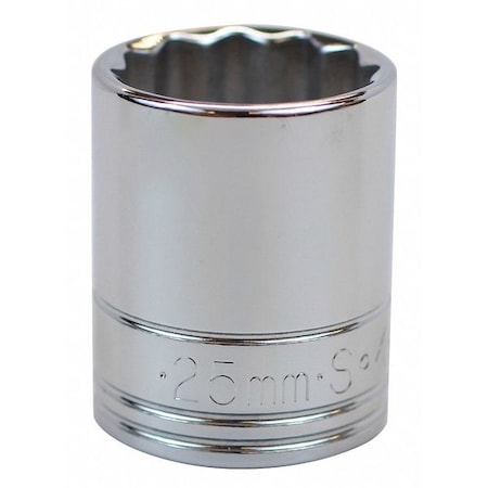 1/2 in Drive, 25mm Metric Socket, 12 Points,  Steel, Chrome, 25 mm