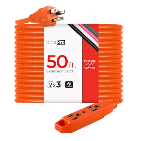 Extension Cord, 16 AWG, Outdoor, 16/3, 3 Outlets, Orange, Vinyl, 50 ft