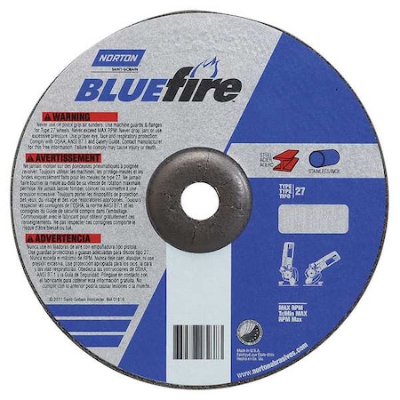 Cut-Off & Grinding Wheel, Type 27, 4 1/2 in Dia, 0.125 in Thick, 7/8 in Arbor Hole Size, 24 Grit