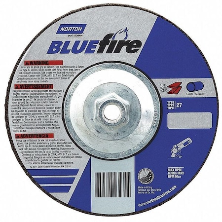 Cut-Off & Grinding Wheel, Type 27, 5 in Dia, 0.125 in Thick, 5/8"-11 Arbor Hole Size, 24 Grit