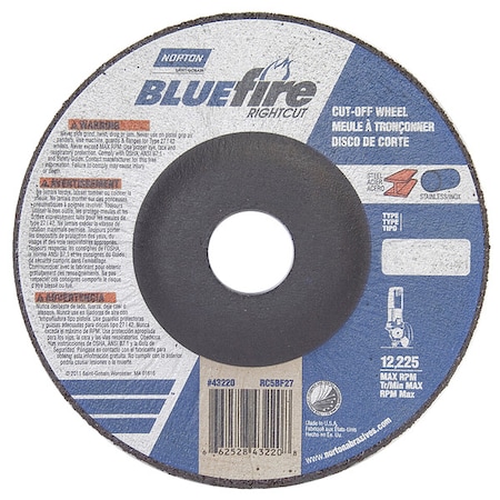 Depressed Center Cut-Off Wheel, Type 27, 5 in Dia, 0.0625 in Thick, 7/8 in Arbor Hole Size, 24 Grit