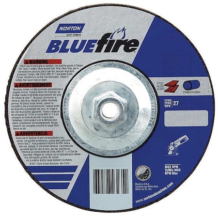 Cut-Off & Grinding Wheel, Type 27, 9 in Dia, 0.125 in Thick, 5/8"-11 Arbor Hole Size, 24 Grit