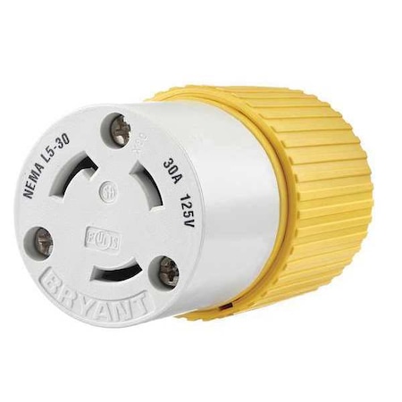 Locking Connector, L5-30R, 30 A, 125V AC, Single Phase, 2 Pole, Screw Terminals, White, Yellow