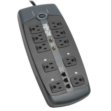 Power Strip, Surge, Tel/Modem/Coaxial Protection, 10 5-15R, 5-15P, 8 ft., Black