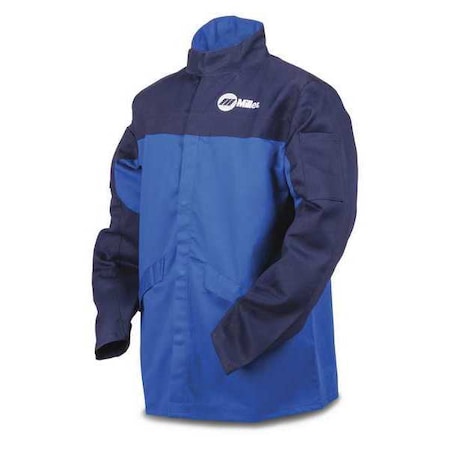 Welding Jacket, Indura, 9 oz, 30 in Length, Snaps Closure, 2 Pockets, Blue, M