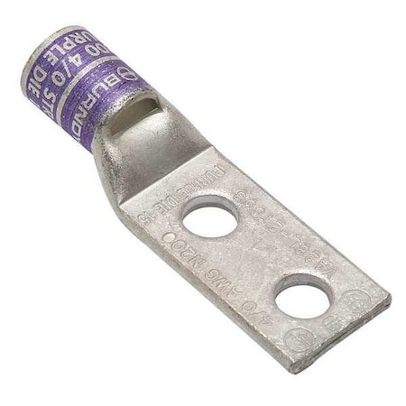 Two-Hole Compression Lug, 4/0 AWG Max, 3/8 in Stud, Standard Barrel, Copper, Purple