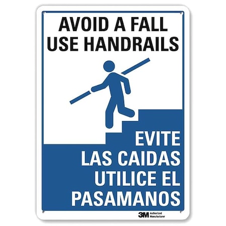 No Header, Avoid a Fall Use Handrails/Evite Las Caidas Utilice El Pasamanos, 7 in W x 10 in H