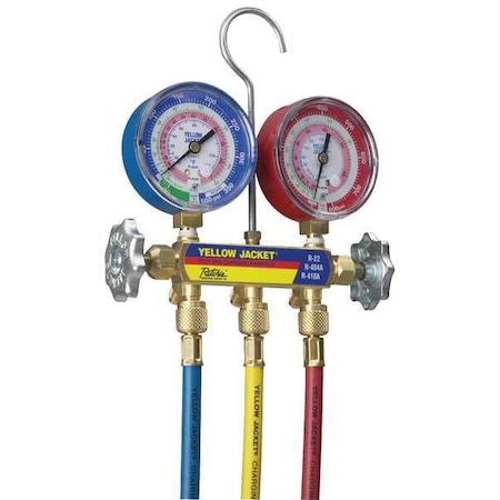 Mechanical Manifold Gauge Set, 2 Valve, 3 Hoses, Vacuum Port Size 1/4 in