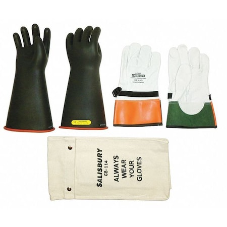 Electrical-Insulating Glove Kit, 17,000V AC, 25,500V DC, Rubber, 14" Length, Black, Size 8