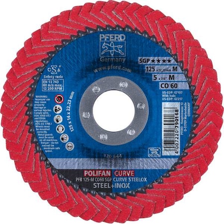 5" x 7/8" A.H. POLIFAN Flap Disc - CO SGP CURVE STEELOX, Ceramic oxide, 60 Grit, Medium Radius