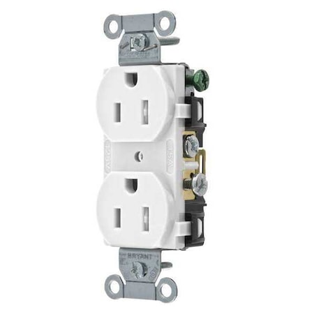 Straight Blade Receptacle, 5-15R, 15 A, 125V AC, 2 Pole, 3 Wire, Flush Mount, Grounded