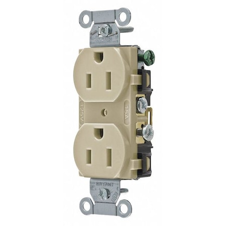 Straight Blade Receptacle, 5-15R, 15 A, 125V AC, 2 Pole, 3 Wire, Flush Mount, Grounded