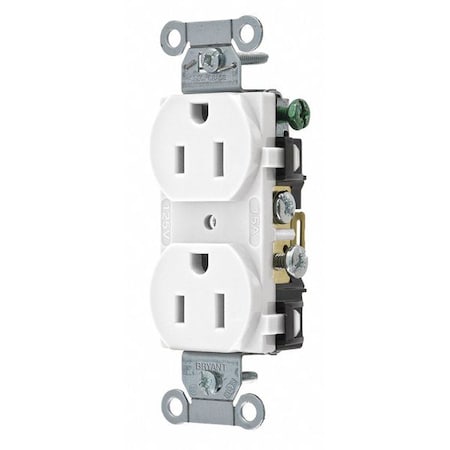 Straight Blade Receptacle, 5-15R, 15 A, 125V AC, 2 Pole, 3 Wire, Flush Mount, Grounded