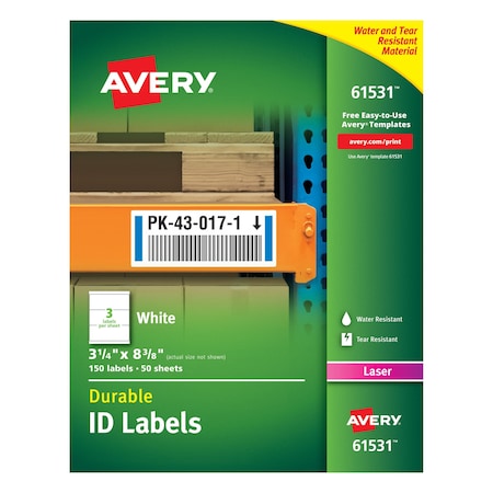 Avery Durable ID Labels with TrueBlock Technology, 61531, Laser, 3-1/4" x 8-3/8", White, PK50